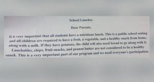 School lunch note sent to a Colorado mom for packing Oreo cookies. (Photo Credit: ABC News)